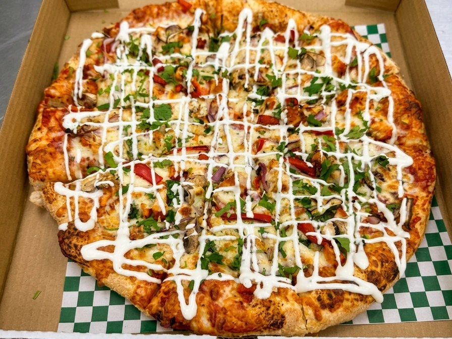 Butter chicken special pizza at Calzone Corner Takeout & Tiffin Service Calgary NE - Punjabi-style pizza with creamy butter chicken topping